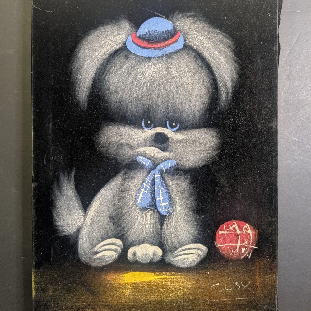 Cute Gray Puppy Wall Art Print with Blue Hat and Bow